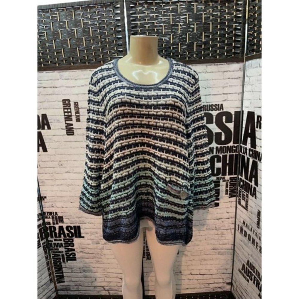 JM Collection Plus 2X Navy Color Striped Textured Weave 3/4 Sleeve Sweater